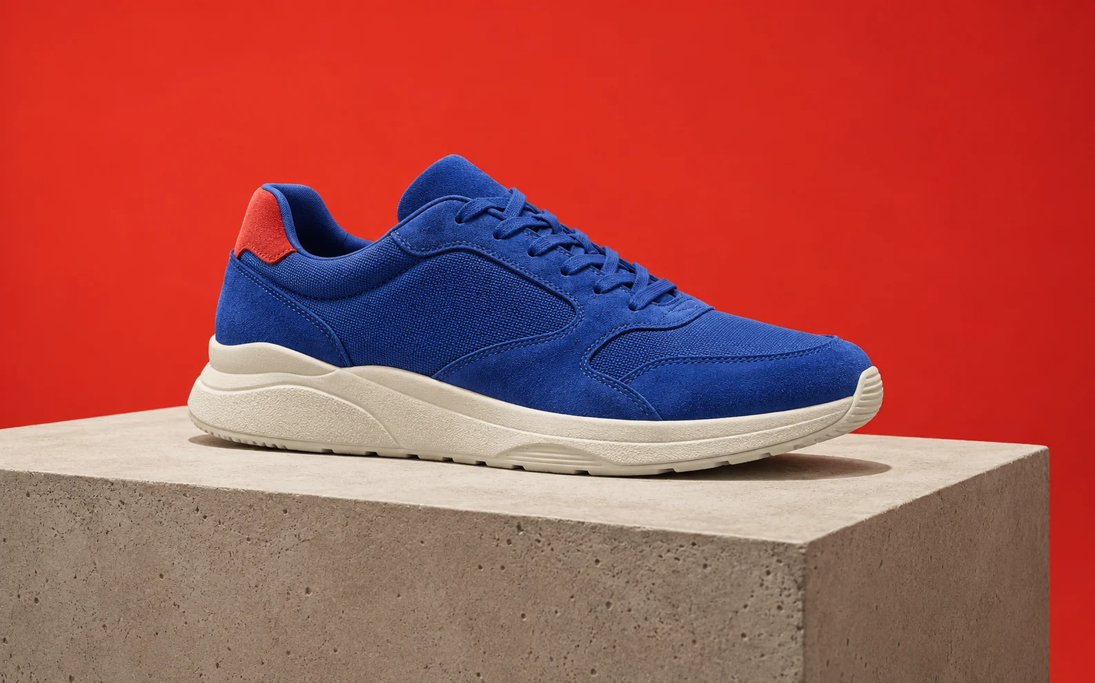 Fictional OFFDAY product concept: a cobalt sneaker with an off-white sole, photographed on concrete against a red studio backdrop.